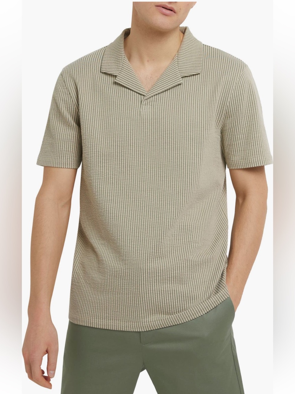 River Island Ribbed Short-Sleeve Polo Shirt - Light Khaki